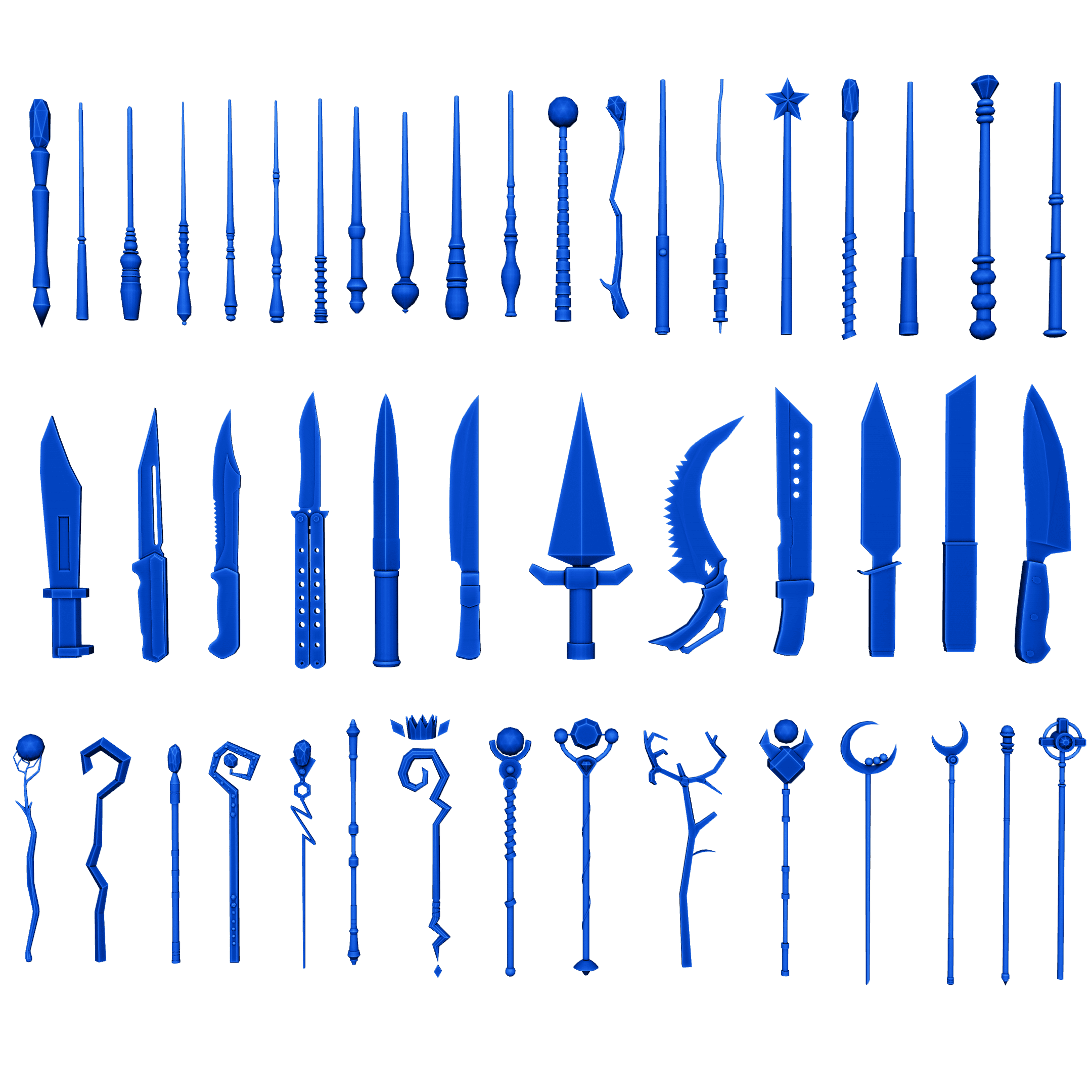 Knives and staff 3D game weapons