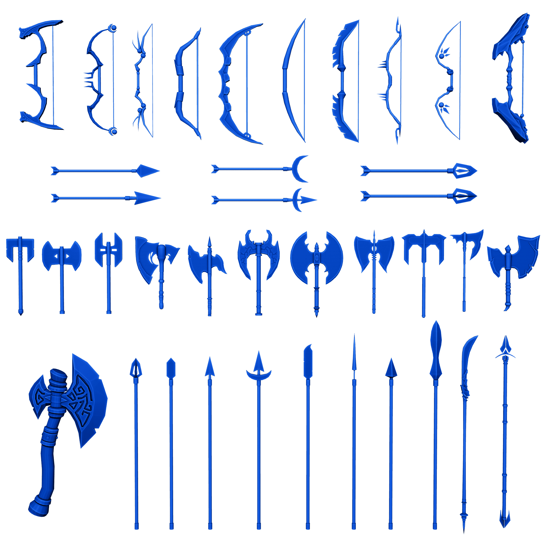 Axe, bow and spear 3D game weapon collection